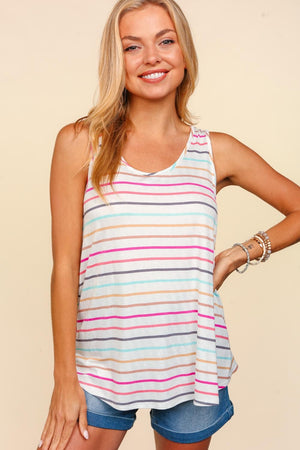 Round Neck Jersey Knit Stripe Tank Top, Ivory/Fuchsia - SALE