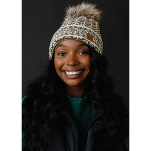 Taupe & Cream Patterned Pom Hat | Panache Apparel Co.