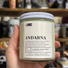 Glass Jar Candle with white label Andarna, Fourth Wing Inspired Gifts