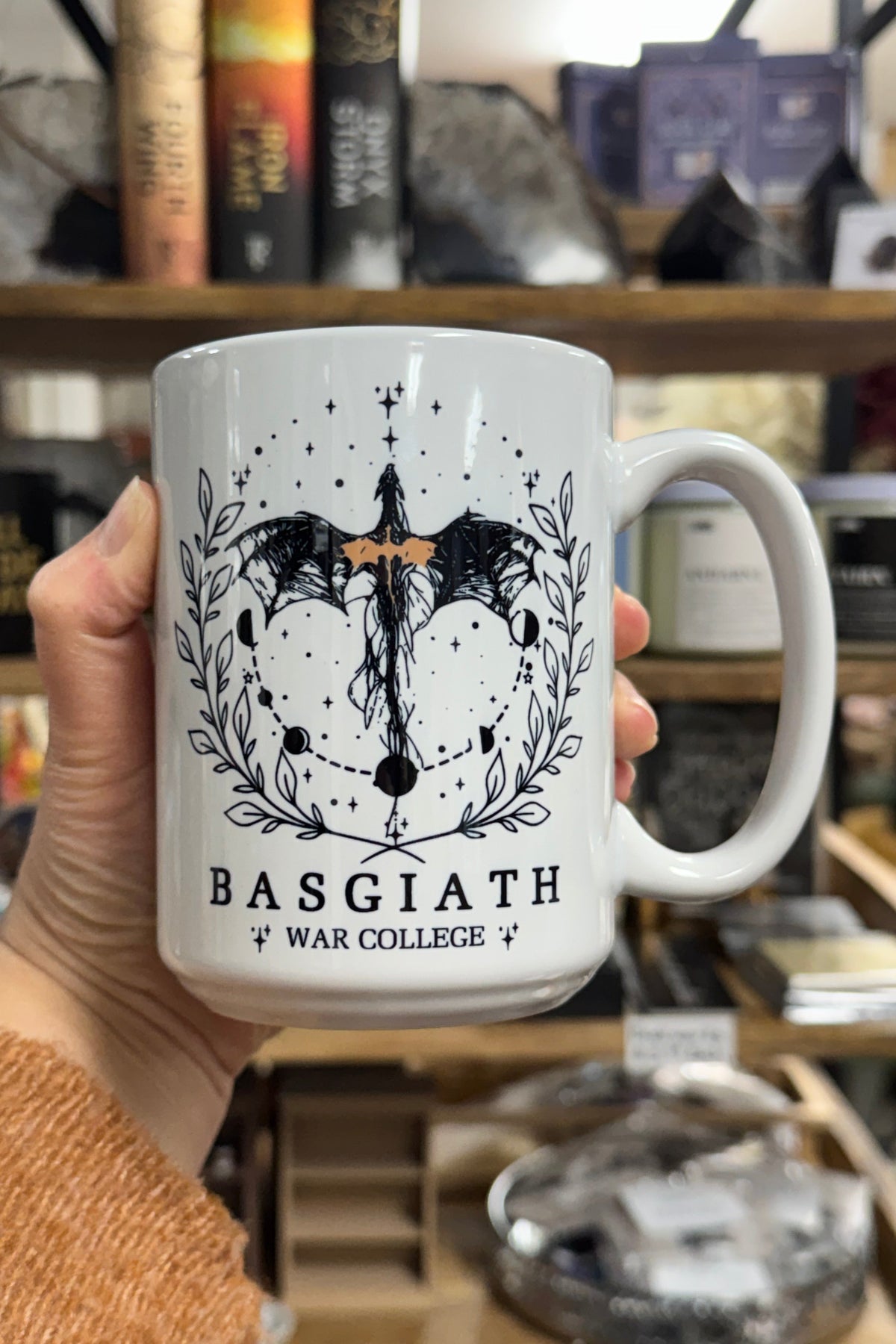White Coffee Mug with Handle. Black logo with dragons Basgiath War College