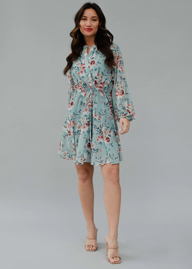 Long Sleeve Floral Tie Waist Dress, Dusty Blue | Panche