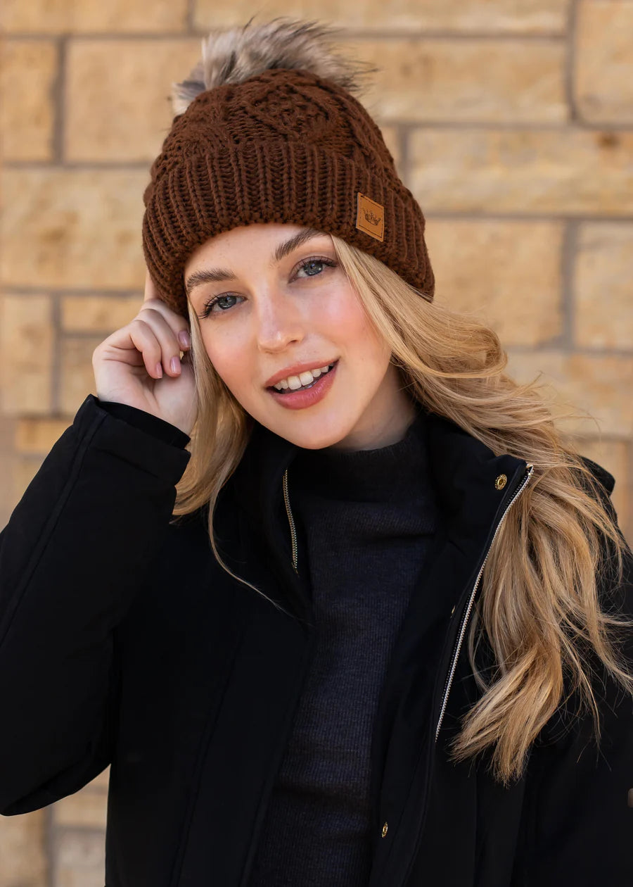 Brown Cable Knit with Natural Pom Hat - Panache