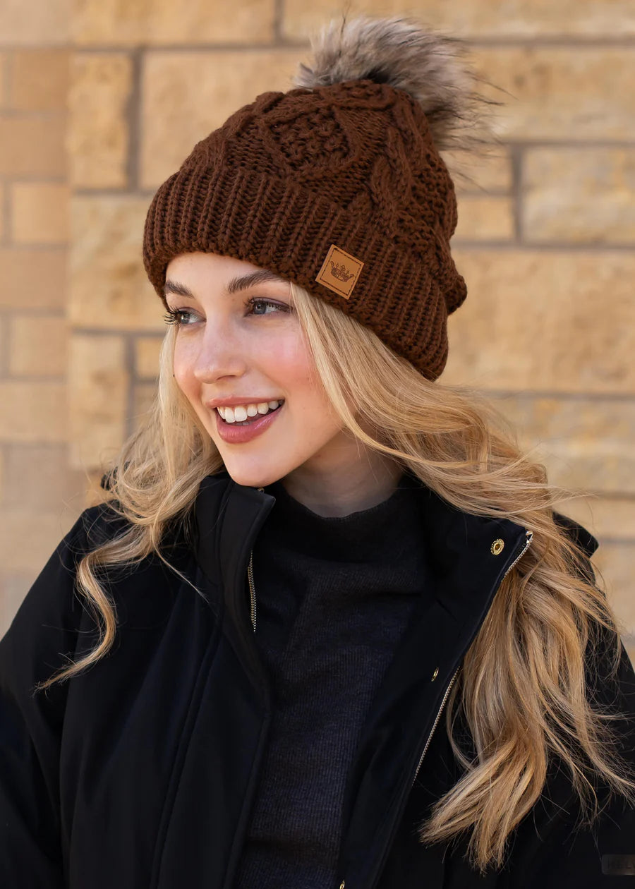 Brown Cable Knit with Natural Pom Hat - Panache