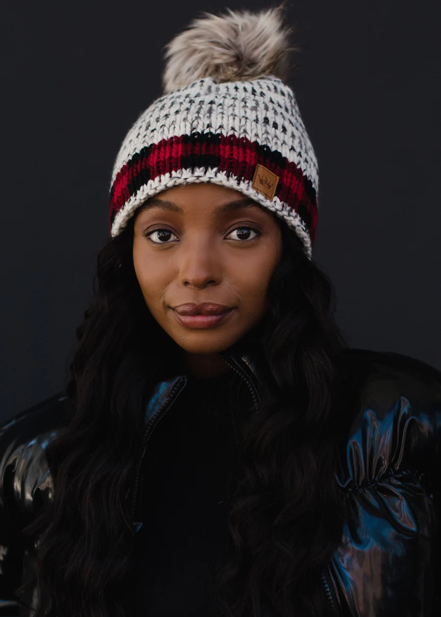 Grey Heather Pom Hat w Red Plaid Trim - Panache