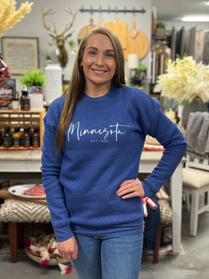 Minnesota EST. 1858 Crew Neck Sweatshirt, Heather Royal | Oat Collective