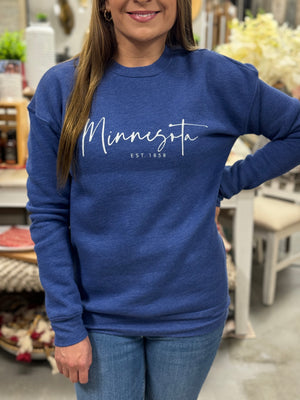 Minnesota EST. 1858 Crew Neck Sweatshirt, Heather Royal | Oat Collective