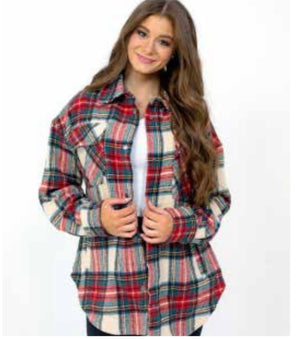 Shacket w/ Pockets, Red, Green & Taupe Tartan Plaid | Fornia