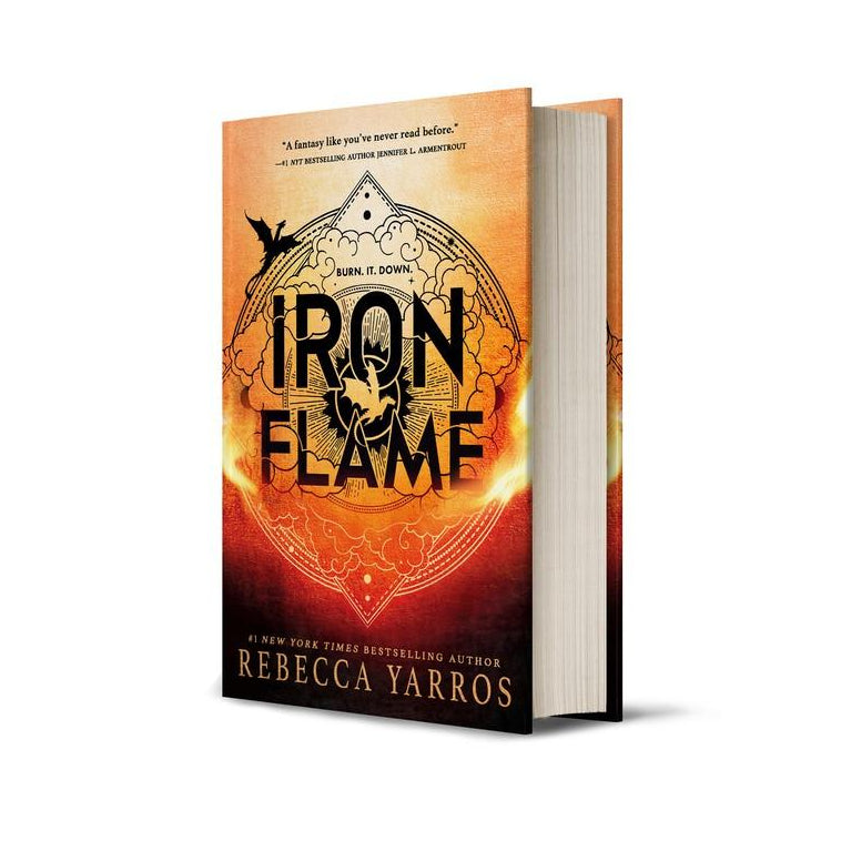 Book cover of 'Iron Flame' by Rebecca Yarros with a fiery design on a white background