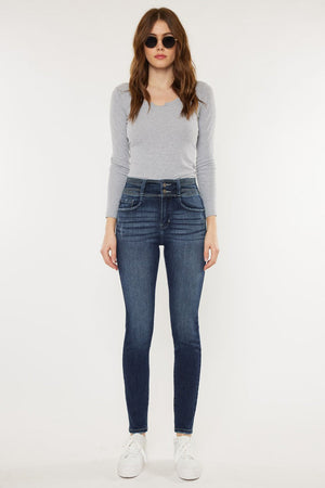 Valerie High Rise Double Button Skinny, Dark Wash | Kan Can Jeans