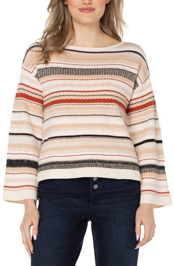 Boat Neck Textured Stripe Sweater, Rust, Cream, Black | LIVERPOOL