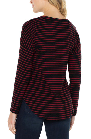 Long Sleeve Drop Shoulder Scoop Neck Stripe Top, Red & Black | LIVERPOOL