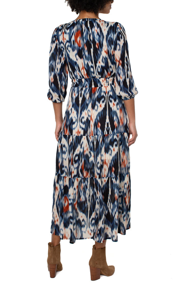 Woven 3/4 Sleeve Tiered Maxi Dress, Navy, Rust, Ivory  | LIVERPOOL