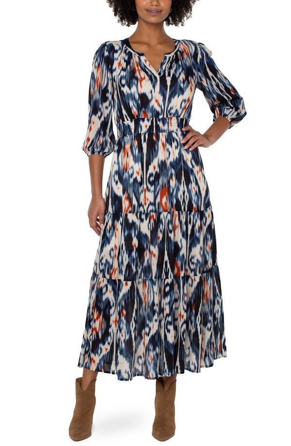 Woven 3/4 Sleeve Tiered Maxi Dress, Navy, Rust, Ivory  | LIVERPOOL