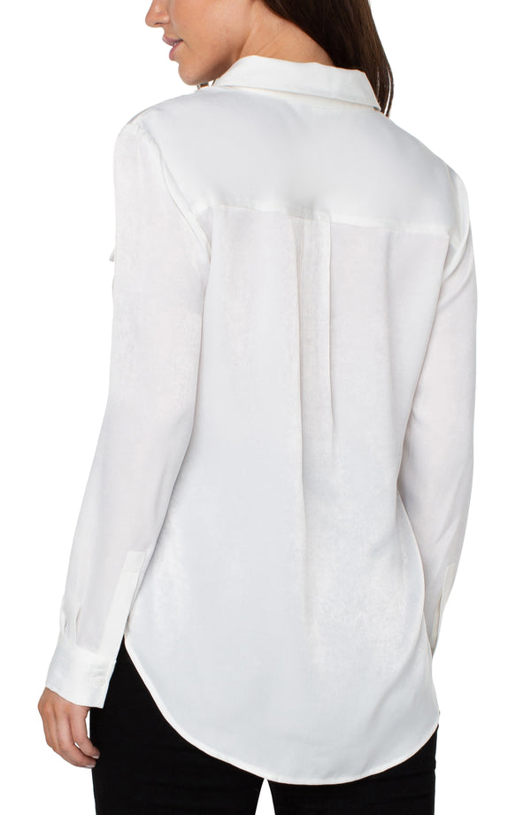 Button Up Woven Blouse w/ Flap Pockets, White | LIVERPOOL