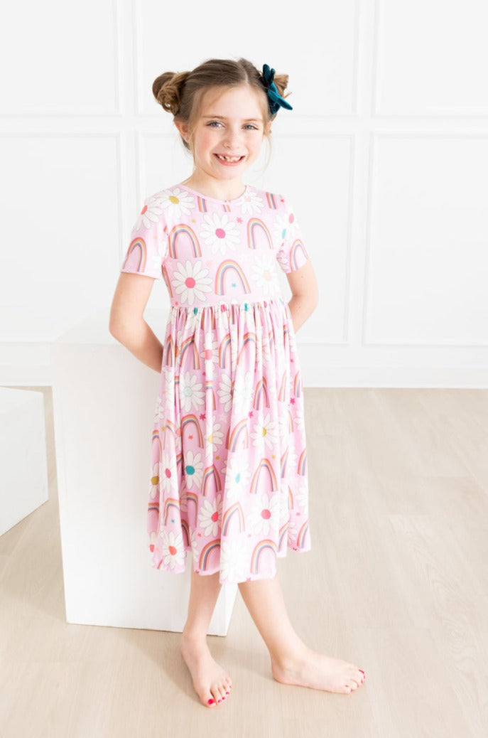 Rainbow Daisies Twirl Dress, Short Sleeve | Mila & Rose