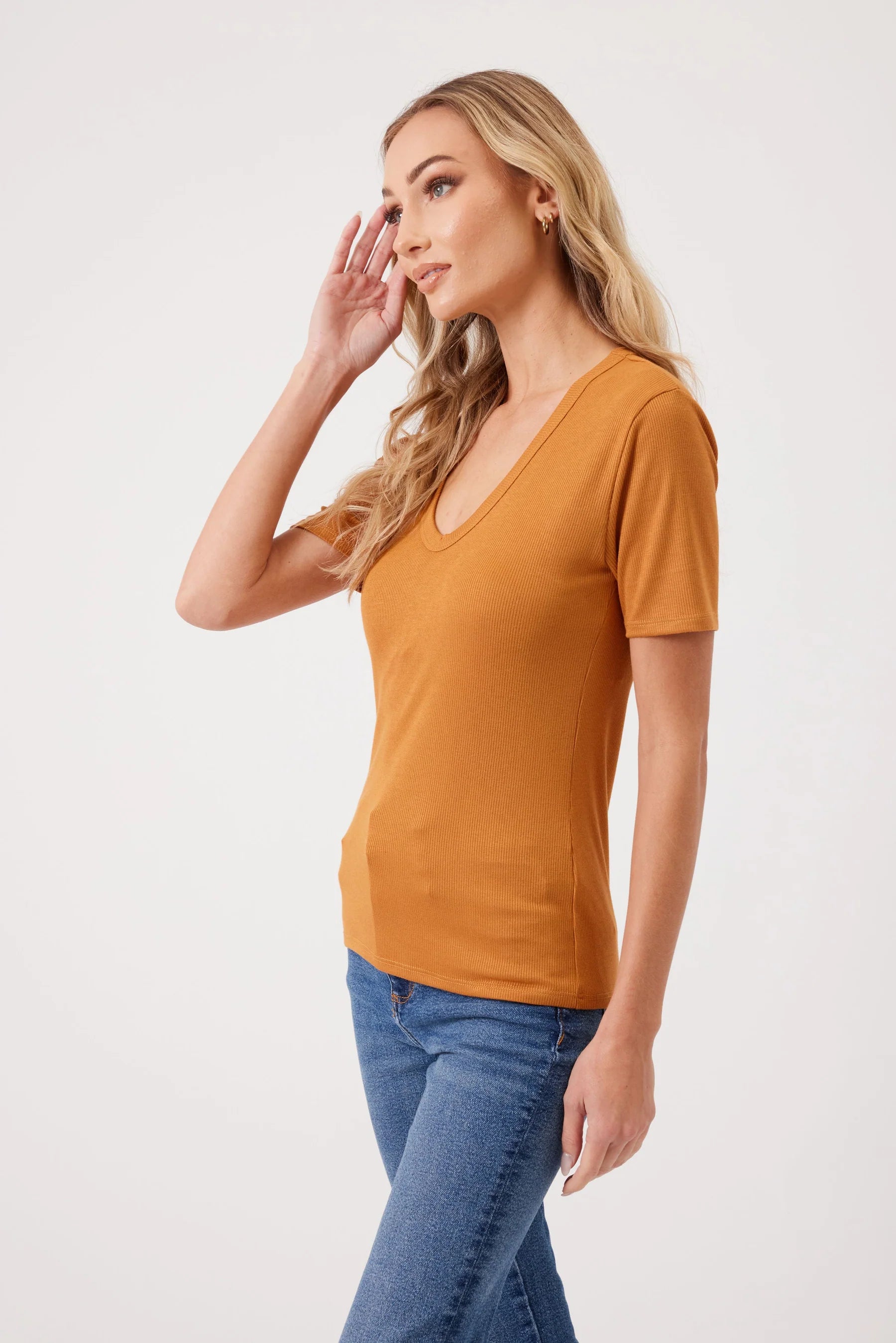 Ally Ribbed V-Neck Tee, Mustard | Kylie Paige - MECO7