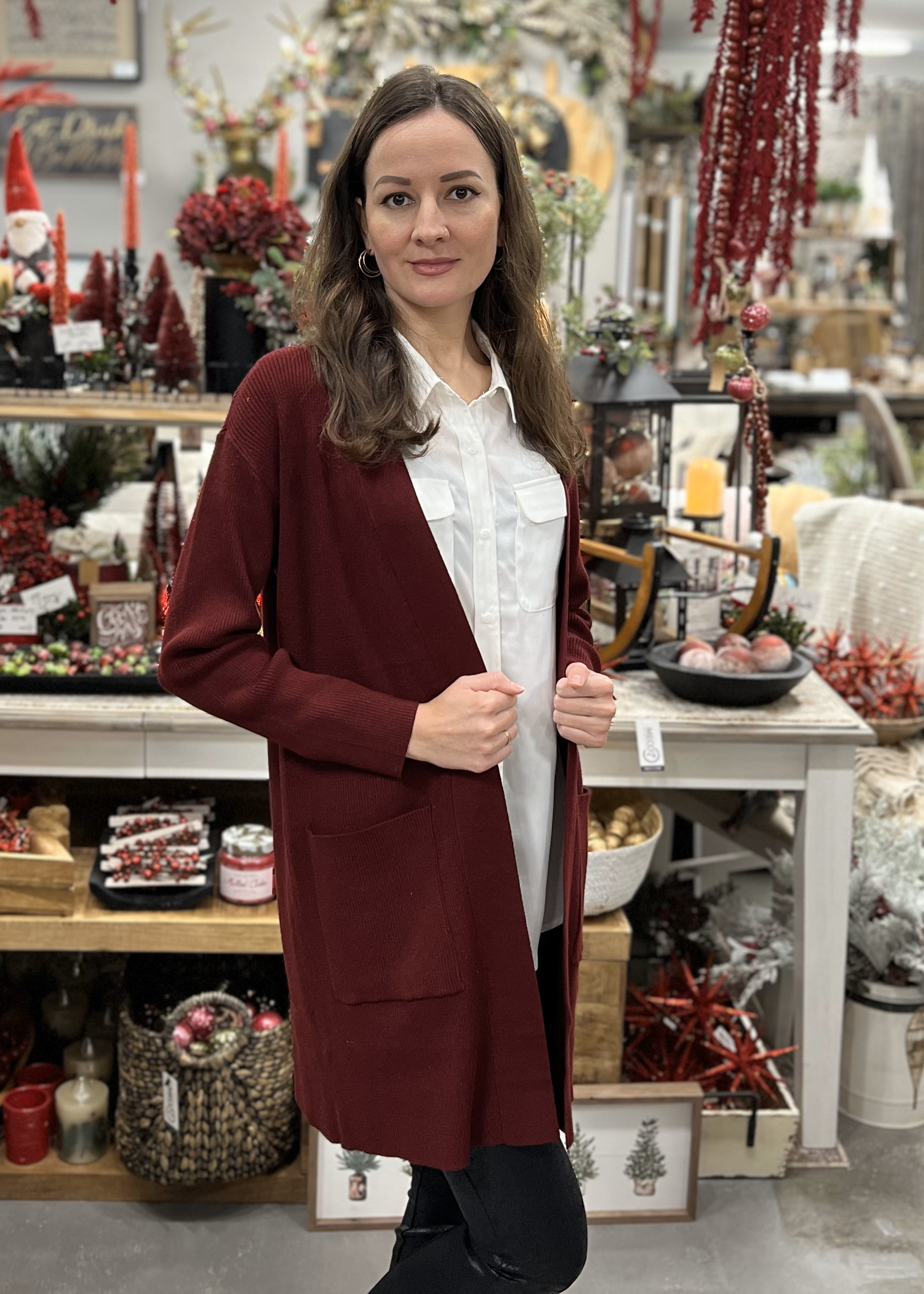 Red open front sweater online