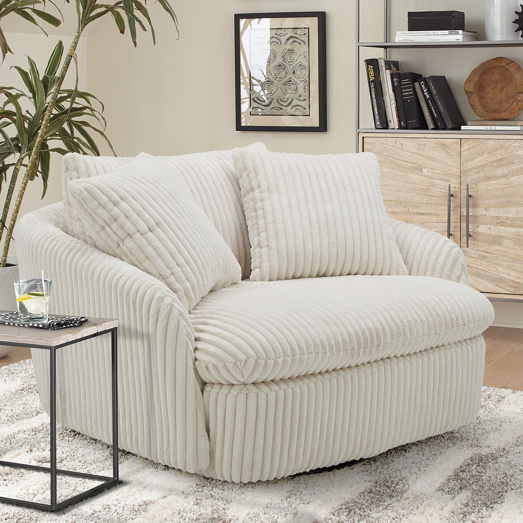 Boomer Mega Large Swivel Chair w/ 2 Pillows - Mega Ivory Fabric