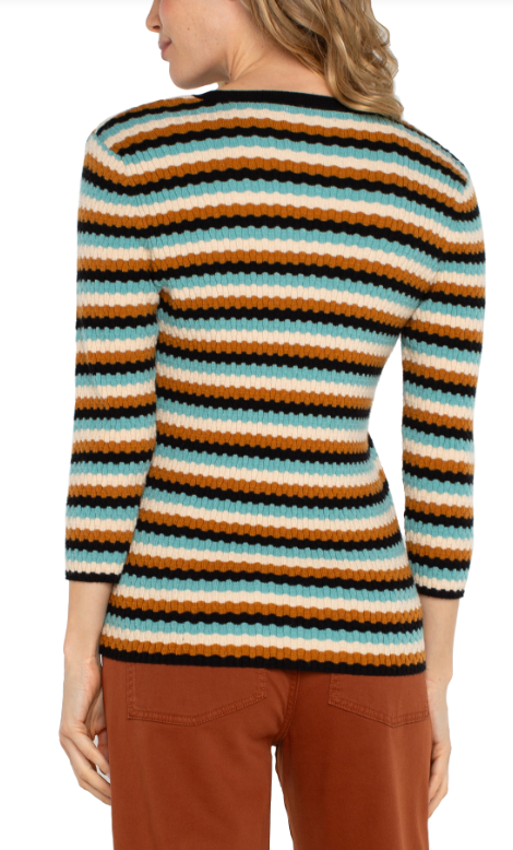 3/4 Sleeve V Neck Sweater, Ocean Multi Stripe | LIVERPOOL