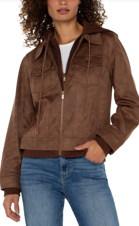 Zip Up Trucker Jacket w Removable Hood, Vintage Umber | LIVERPOOL