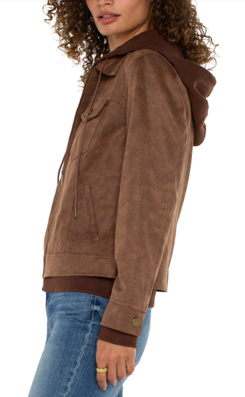 Zip Up Trucker Jacket w Removable Hood, Vintage Umber | LIVERPOOL