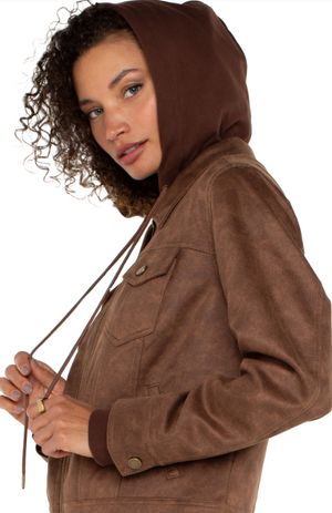 Zip Up Trucker Jacket w Removable Hood, Vintage Umber | LIVERPOOL