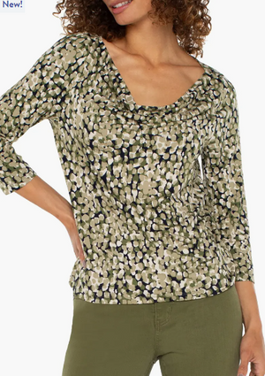 3/4 Sleeve Drape Knit Top, Olive Camo Dot | LIVERPOOL