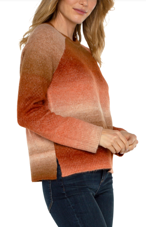 Long Sleeve Raglan Sweater w Side Slit, Orange Ombre | LIVERPOOL