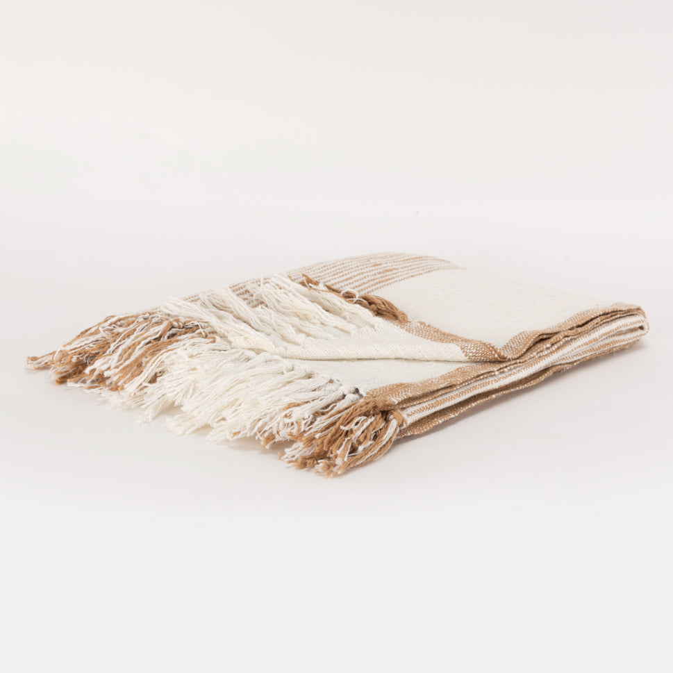 Ivory & Camel Striped Woven Cotton Throw | Rizzy