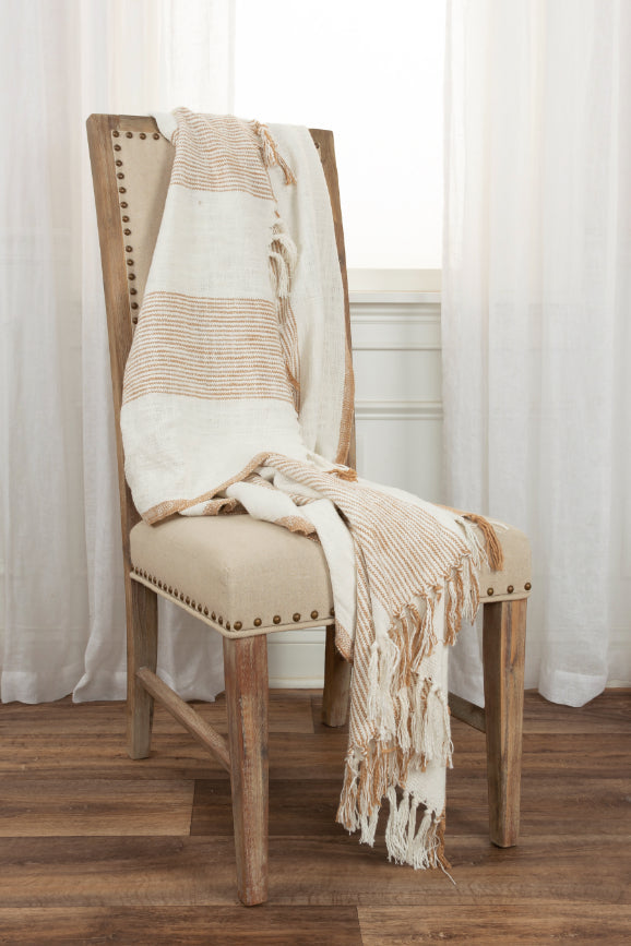 Ivory & Camel Striped Woven Cotton Throw | Rizzy