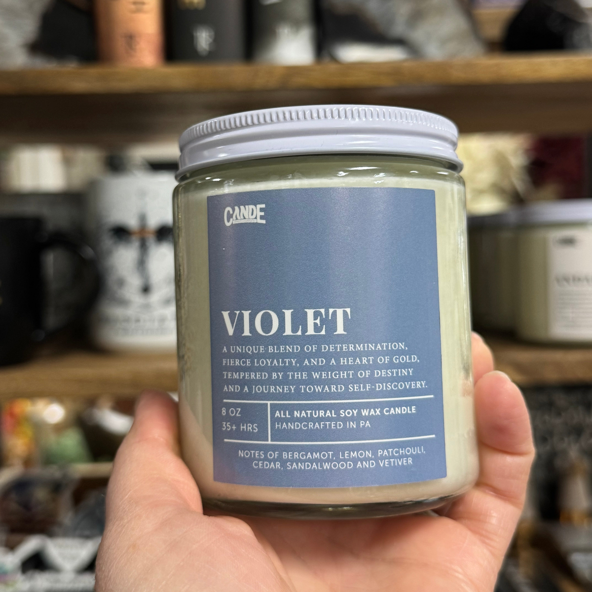Glass Jar Candle with square label with Violet