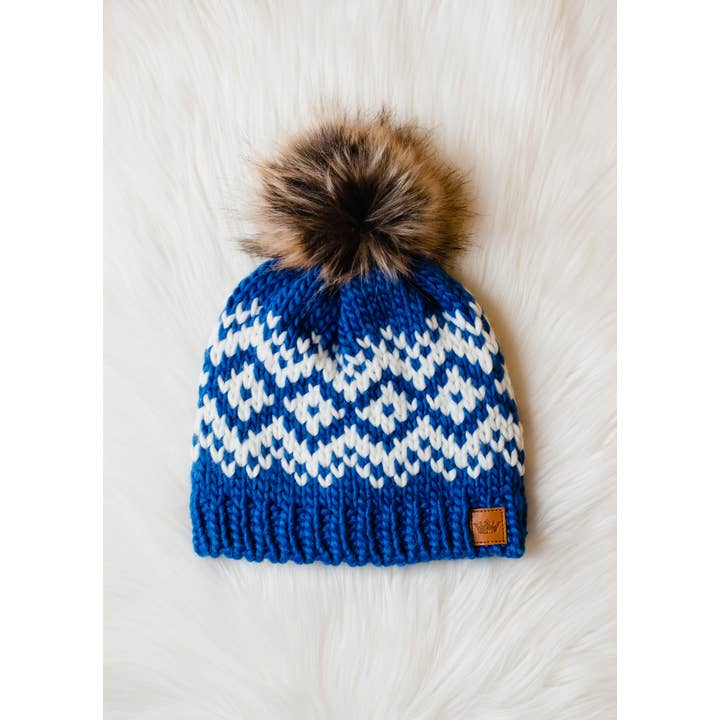 Blue & White Patterned Pom Hat | Panache Apparel Co.