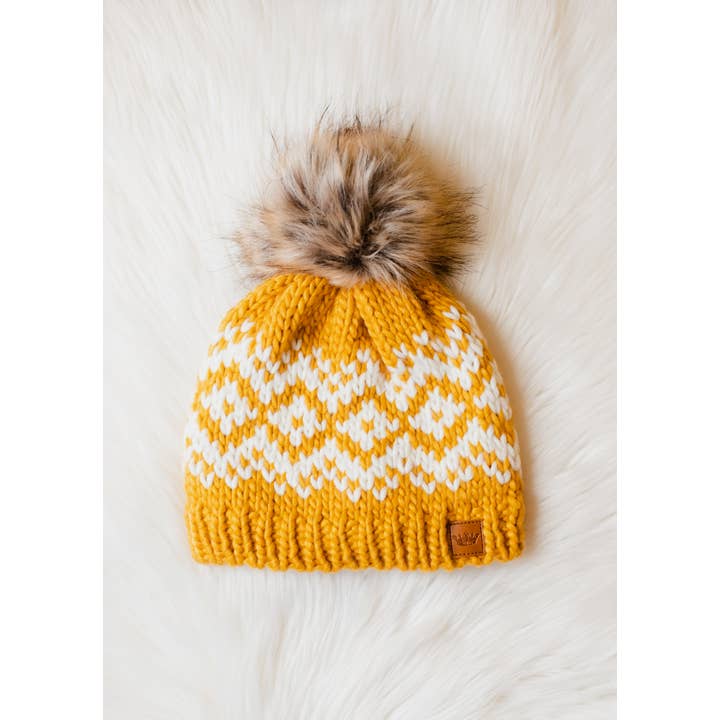 Mustard & White Patterned Pom Hat | Panache Apparel Co.