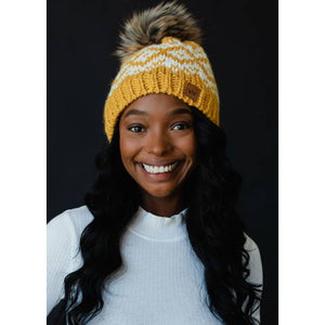 Mustard & White Patterned Pom Hat | Panache Apparel Co.