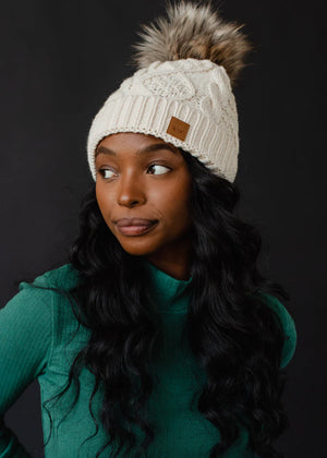 Beige Cable Knit Pom Hat | Panache