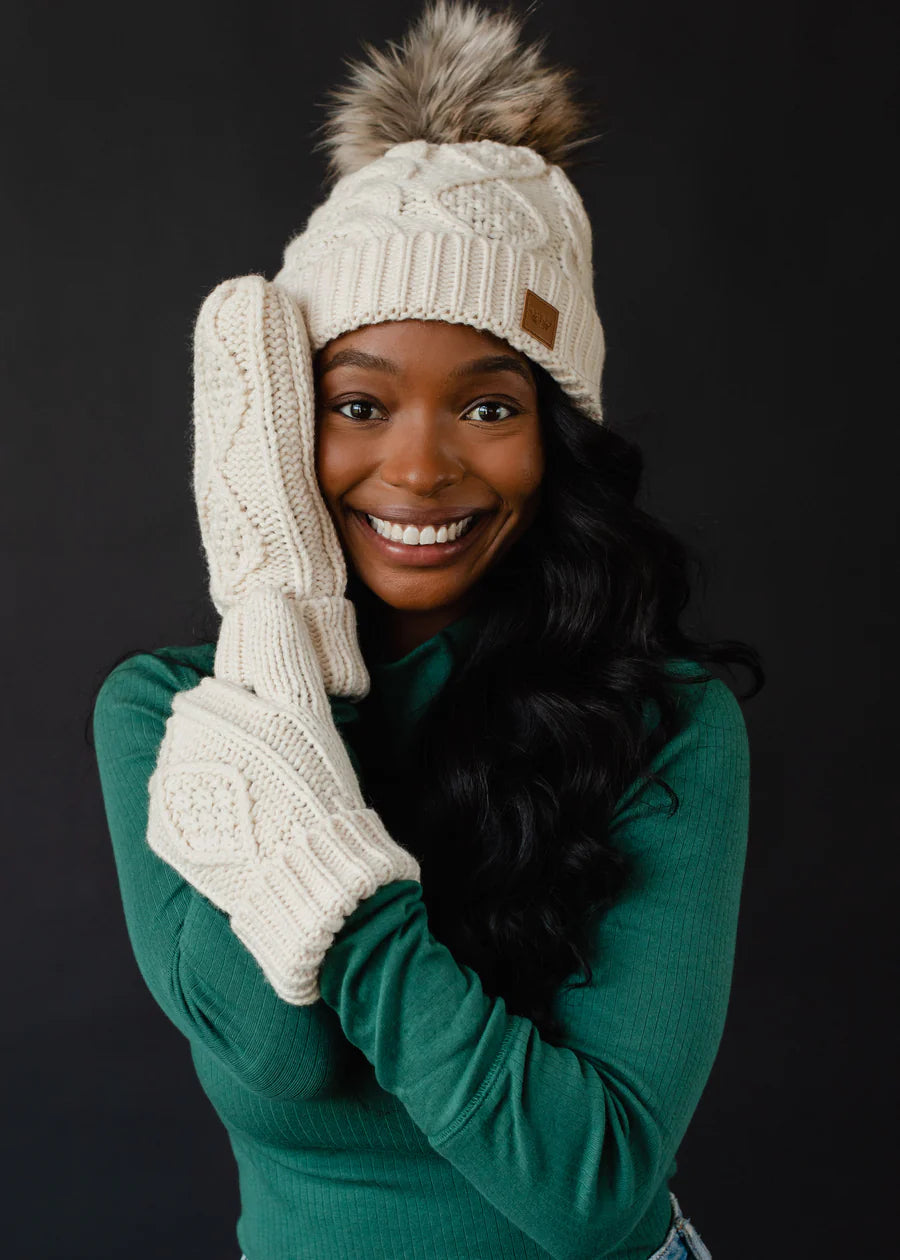 Beige Cable Knit Pom Hat | Panache