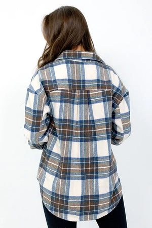 Shacket w/ Pockets, Beige & Blue Tartan Plaid | Fornia