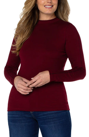 Mock Neck Rolled Hem Long Sleeve Sweater, Burgundy | LIVERPOOL