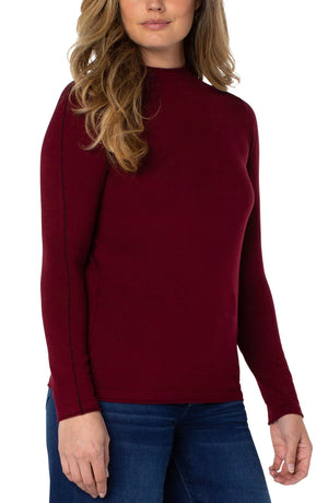 Mock Neck Rolled Hem Long Sleeve Sweater, Burgundy | LIVERPOOL