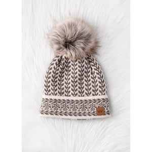 Taupe & Cream Patterned Pom Hat | Panache Apparel Co.