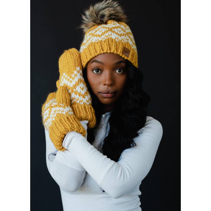 Mustard & White Patterned Pom Hat | Panache Apparel Co.