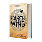 Fourth Wing hardcover book by Rebecca Yarros, featuring a textured beige cover with black typography and a raven illustration, shown at a three-quarter angle on a white background.