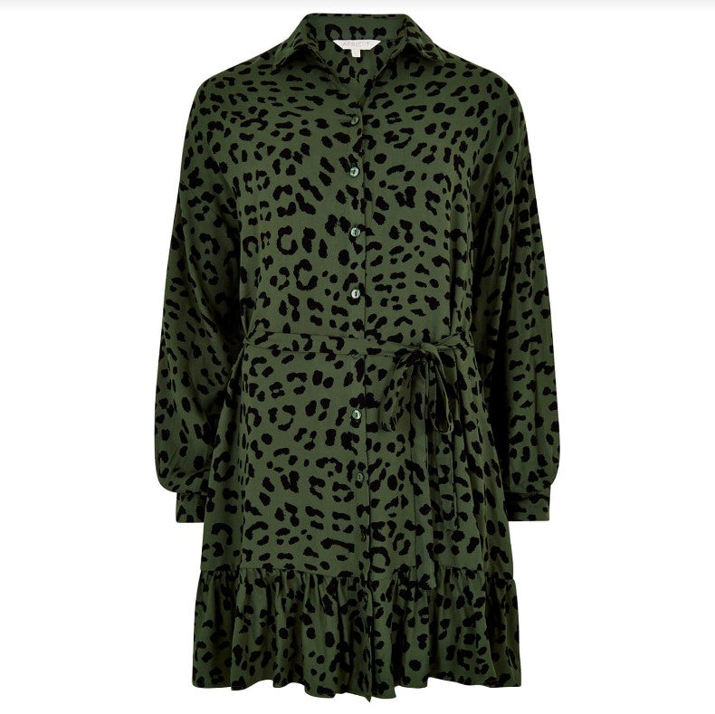 Leopard Ruffle Hem Belted Waist Shirt Dress, Olive | Apricot