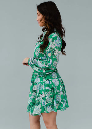 Long Sleeve Floral Tie Waist Dress, Green
