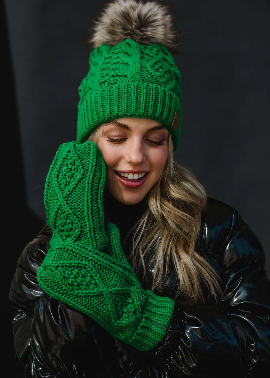 Kelly Green Cable Knit Mittens | Panache