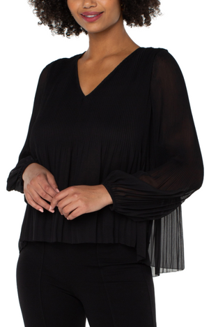 V Neck Long Sleeve Pleated Top, Black | LIVERPOOL