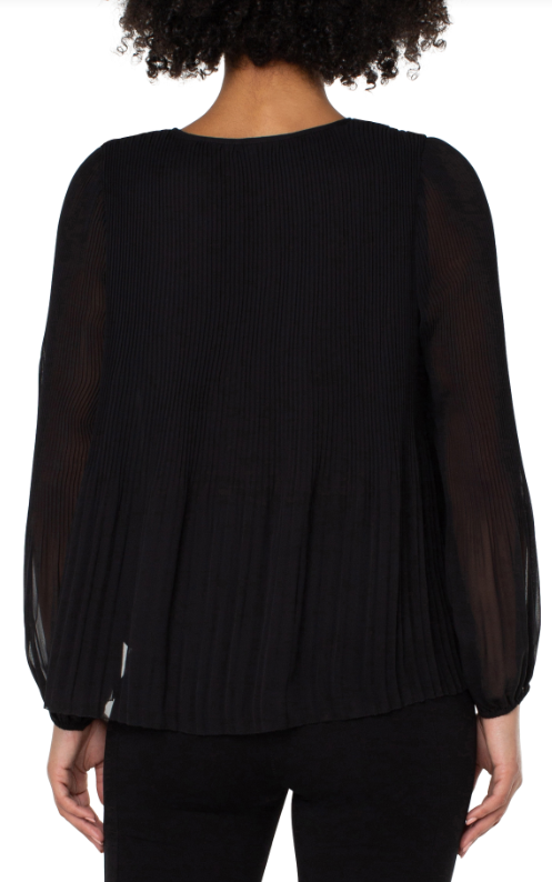 V Neck Long Sleeve Pleated Top, Black | LIVERPOOL