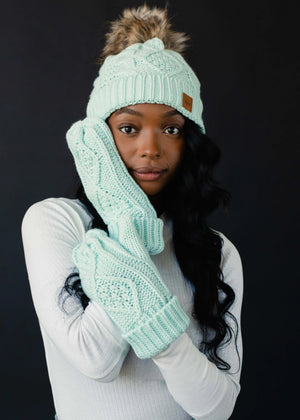 Mint Cable Knit Mittens - Panache