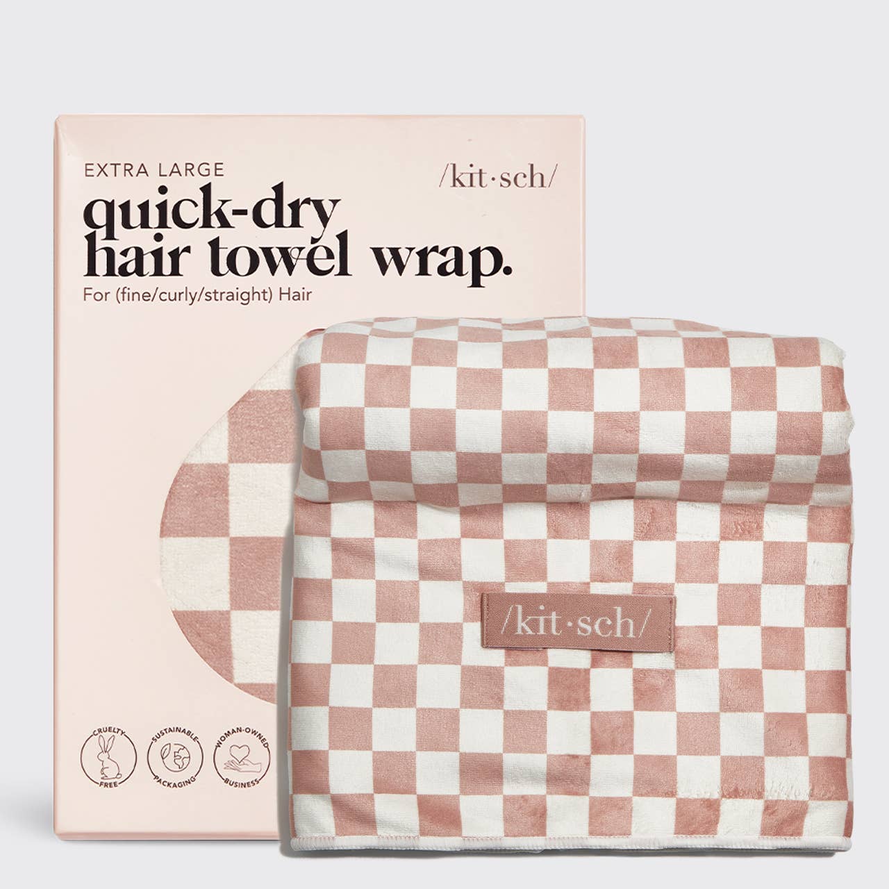 Extra Large Quick-Dry Hair Towel Wrap, Terracotta Checker | KITSCH