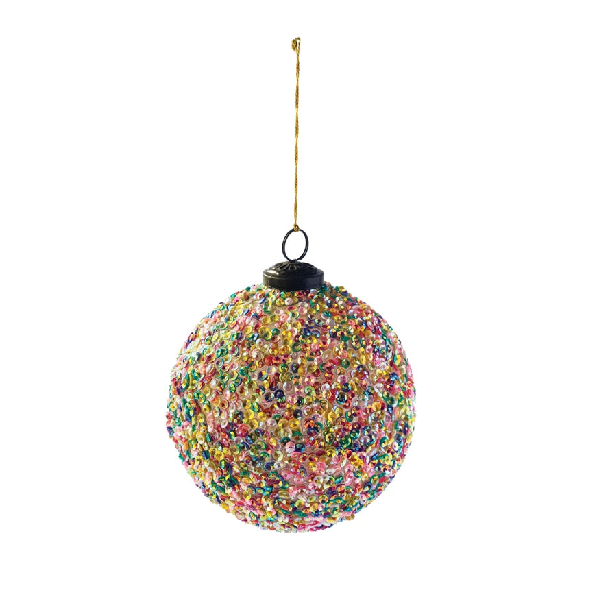 Round Glass Ball Ornament w/ Sequins, Multi Color | Bright Sparkle Christmas Ornaments